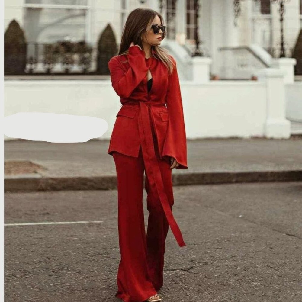 BLOGGERS FAV ZARA LIMITED EDITION RED BELTED BLAZER TROUSERS SUIT XS NEW